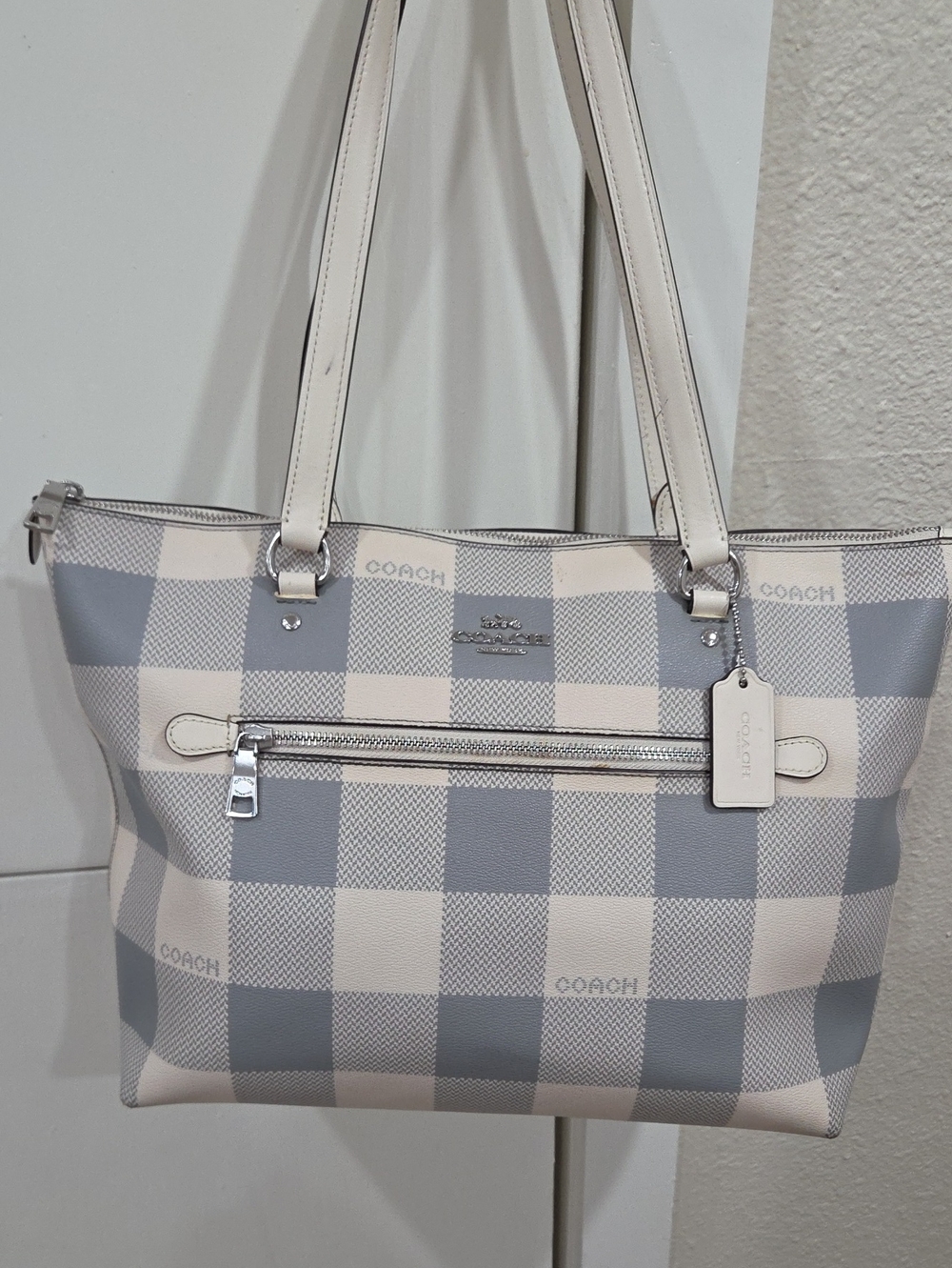 Coach Gray and Cream Checkered Gallery Tote with Silver Hardware